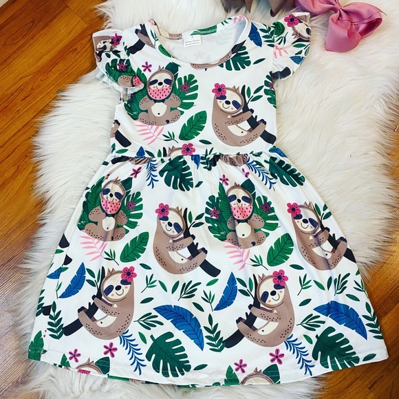 White Tropical Sloth Flutter Sleeve Dress - Picture 1 of 1